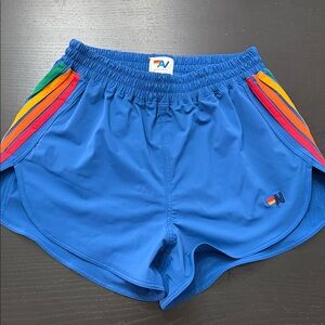 Aviator Nation Blue Athletic Shorts with Rainbow Accents